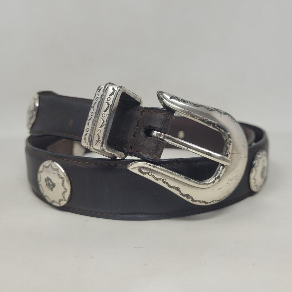 Brown Leather Belt Mens 44 Western Concho Silver Buckle Studded Cowboy Rodeo‎